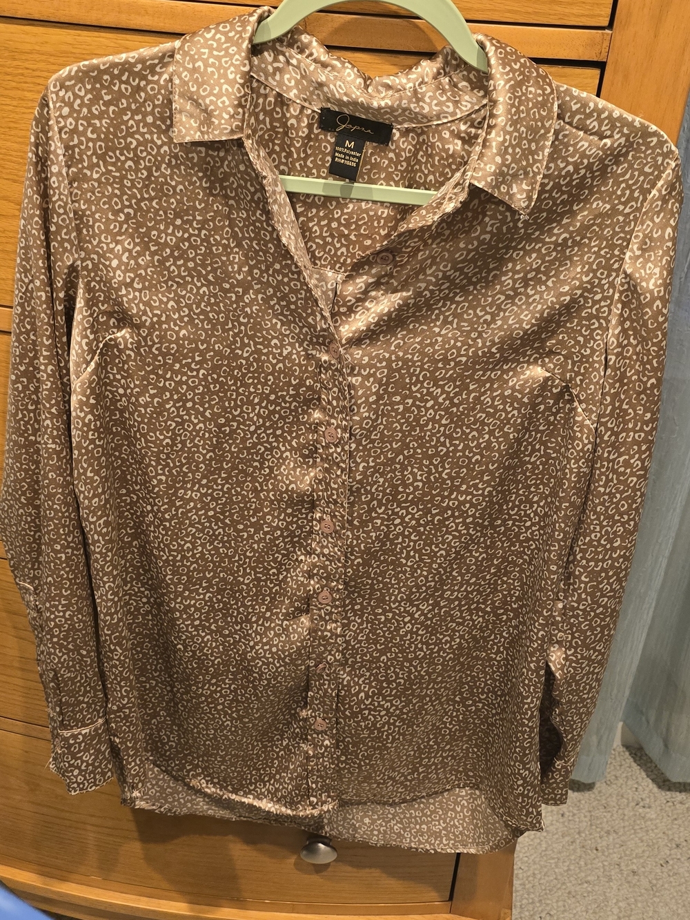 Alfani Brown Satin Cheetah Print Button-Front Long-Sleeve Top - Women's Medium